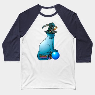 Blue witches cat with crystal ball and books Baseball T-Shirt